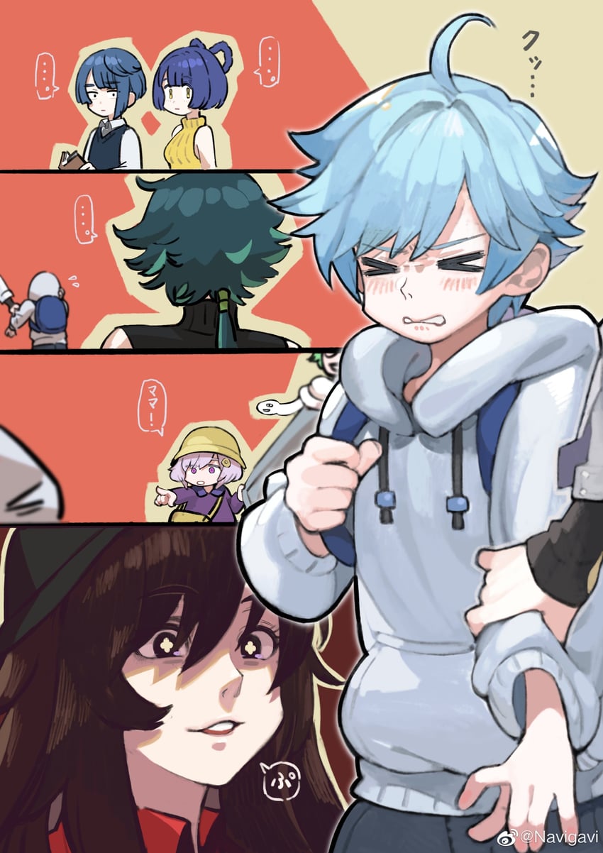 hu tao, xiao, qiqi, xingqiu, chongyun, and 3 more (genshin impact) drawn by jun_(navigavi)