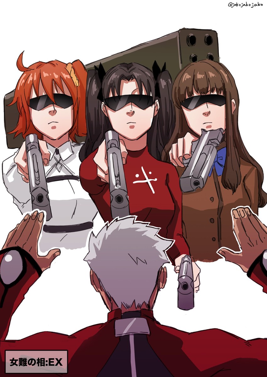 fujimaru ritsuka, tohsaka rin, archer, and kishinami hakuno (fate and 3 more) drawn by jakojakojako