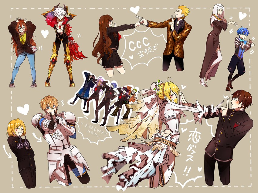 gilgamesh, sessyoin kiara, nero claudius, karna, kishinami hakuno, and 9 more (fate and 2 more) drawn by sub_(subrgwe)