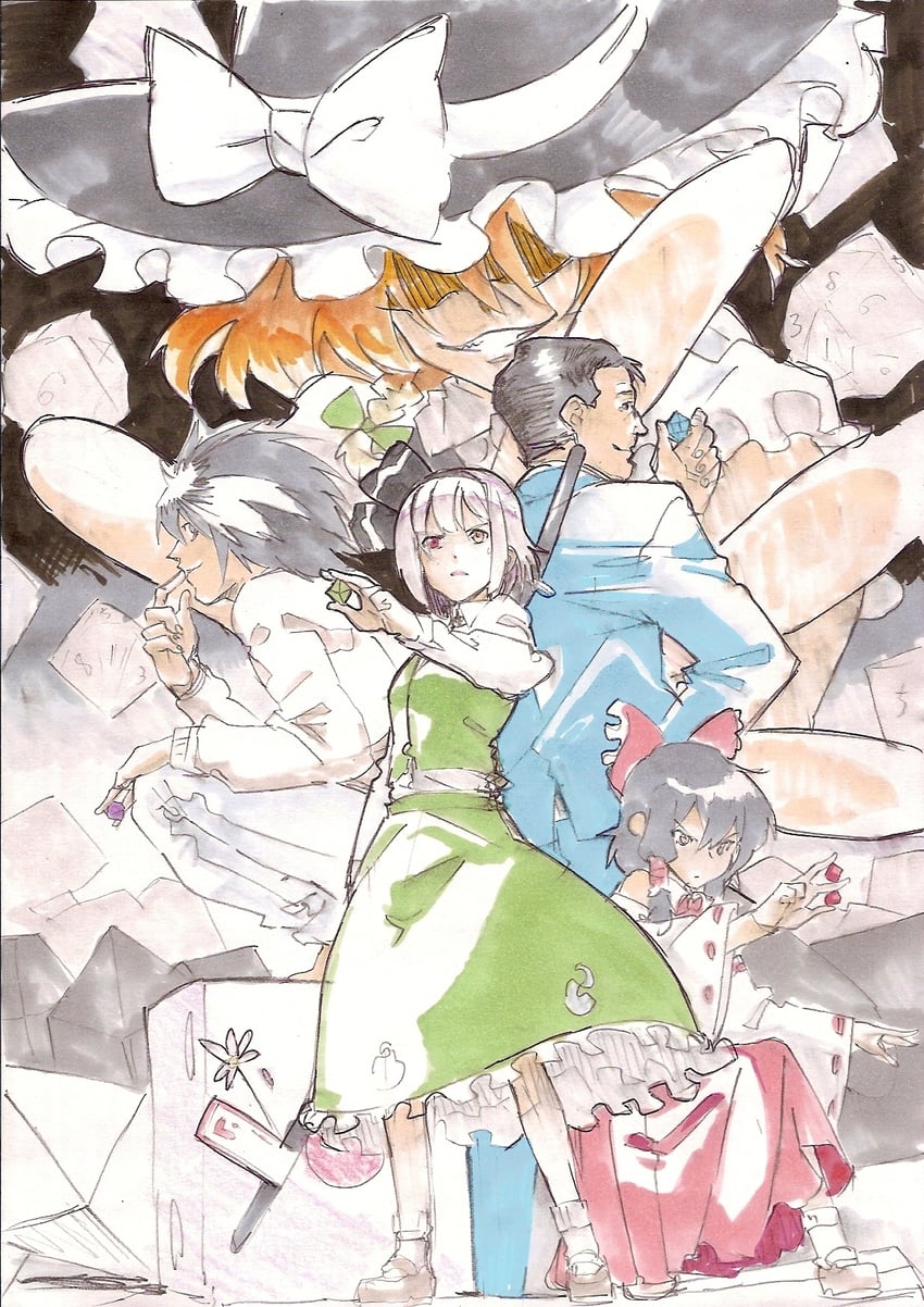 hakurei reimu, kirisame marisa, konpaku youmu, l, and inogashira gorou (touhou and 4 more) drawn by mtmy