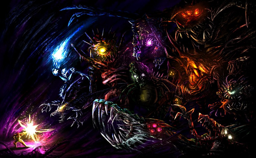 samus aran, metroid, ridley, dark samus, mother brain, and 7 more (metroid and 4 more) drawn by nate_horsfall
