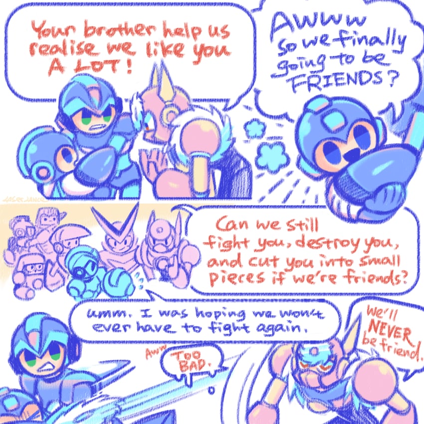 x, mega man, quick man, metal man, air man, and 5 more (mega man and 2 more) drawn by laser-lance