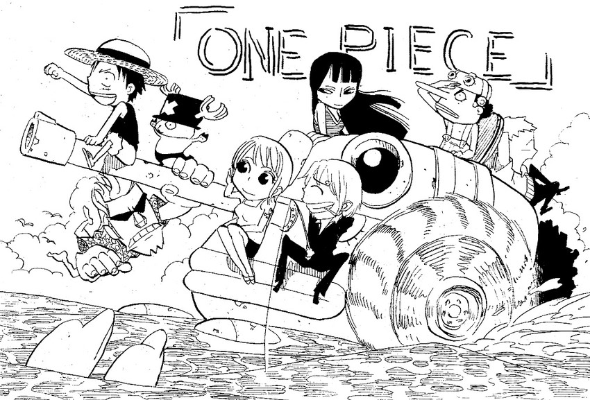 nami, monkey d. luffy, nico robin, roronoa zoro, sanji, and 3 more (one piece) drawn by fukushima_teppei