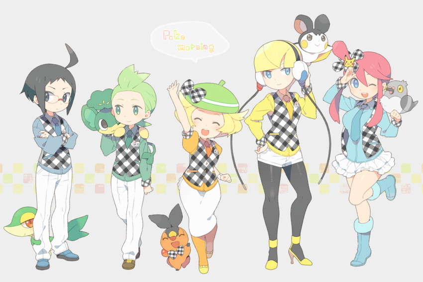 skyla, elesa, snivy, bianca, tepig, and 5 more (pokemon and 1 more) drawn by feille