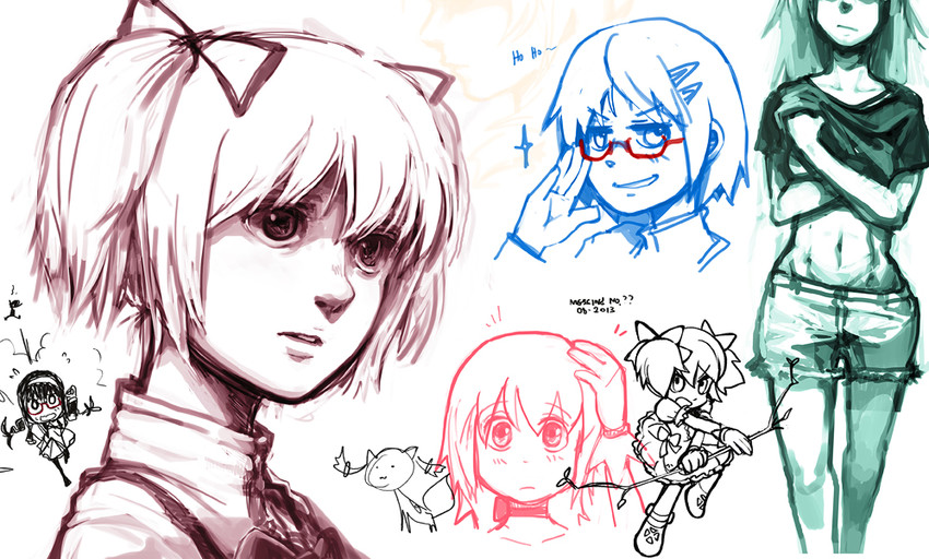 akemi homura, kaname madoka, miki sayaka, and kyubey (mahou shoujo madoka magica) drawn by silverxp