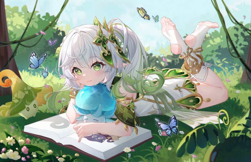 nahida, slime, scaramouche, fungi, and dendro slime (genshin impact) drawn by tujiu_sama