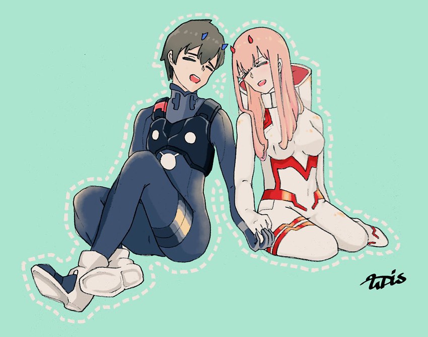 zero two and hiro (darling in the franxx) drawn by uchikun_palette