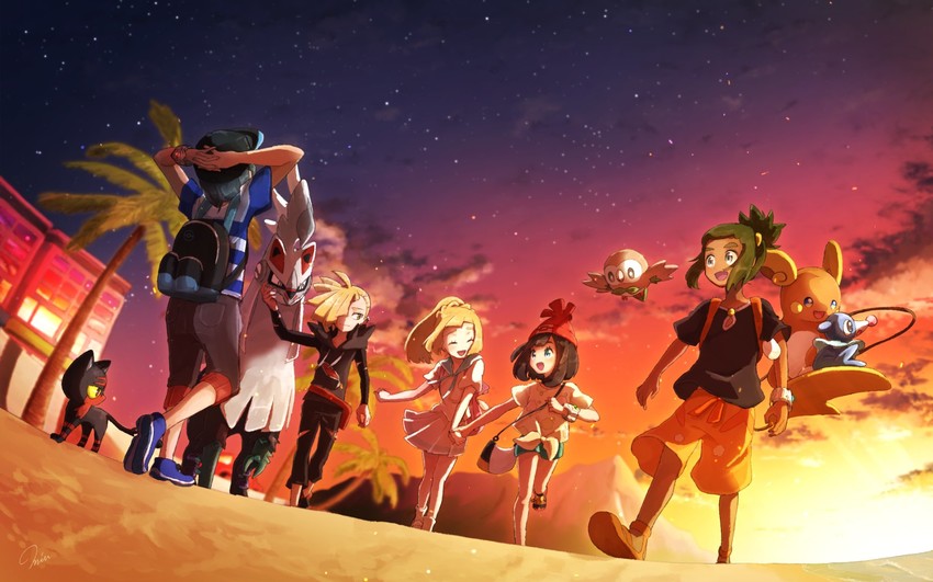 lillie, selene, rowlet, elio, gladion, and 5 more (pokemon and 1 more) drawn by miu_(miuuu_721)