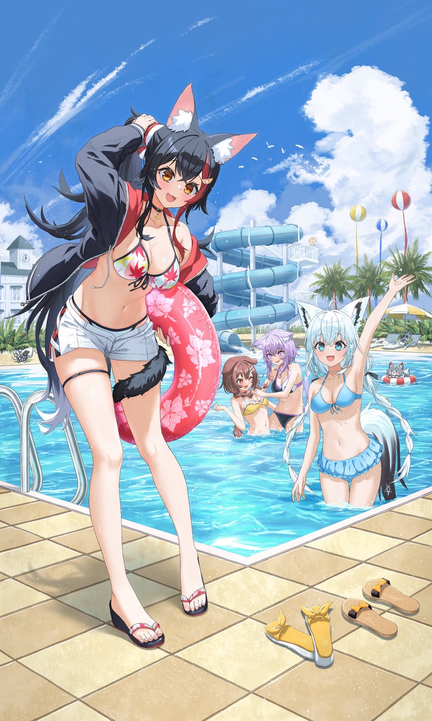 shirakami fubuki, nekomata okayu, ookami mio, inugami korone, sukonbu, and 3 more (hololive) drawn by kazuna_(minekazuna)