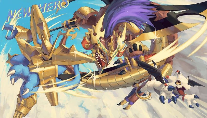 magnamon, gammamon, and ouryumon (digimon) drawn by kira_(kira_dra)