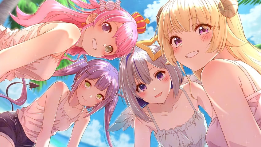 tokoyami towa, amane kanata, tsunomaki watame, and himemori luna (hololive) drawn by mikan_mizu