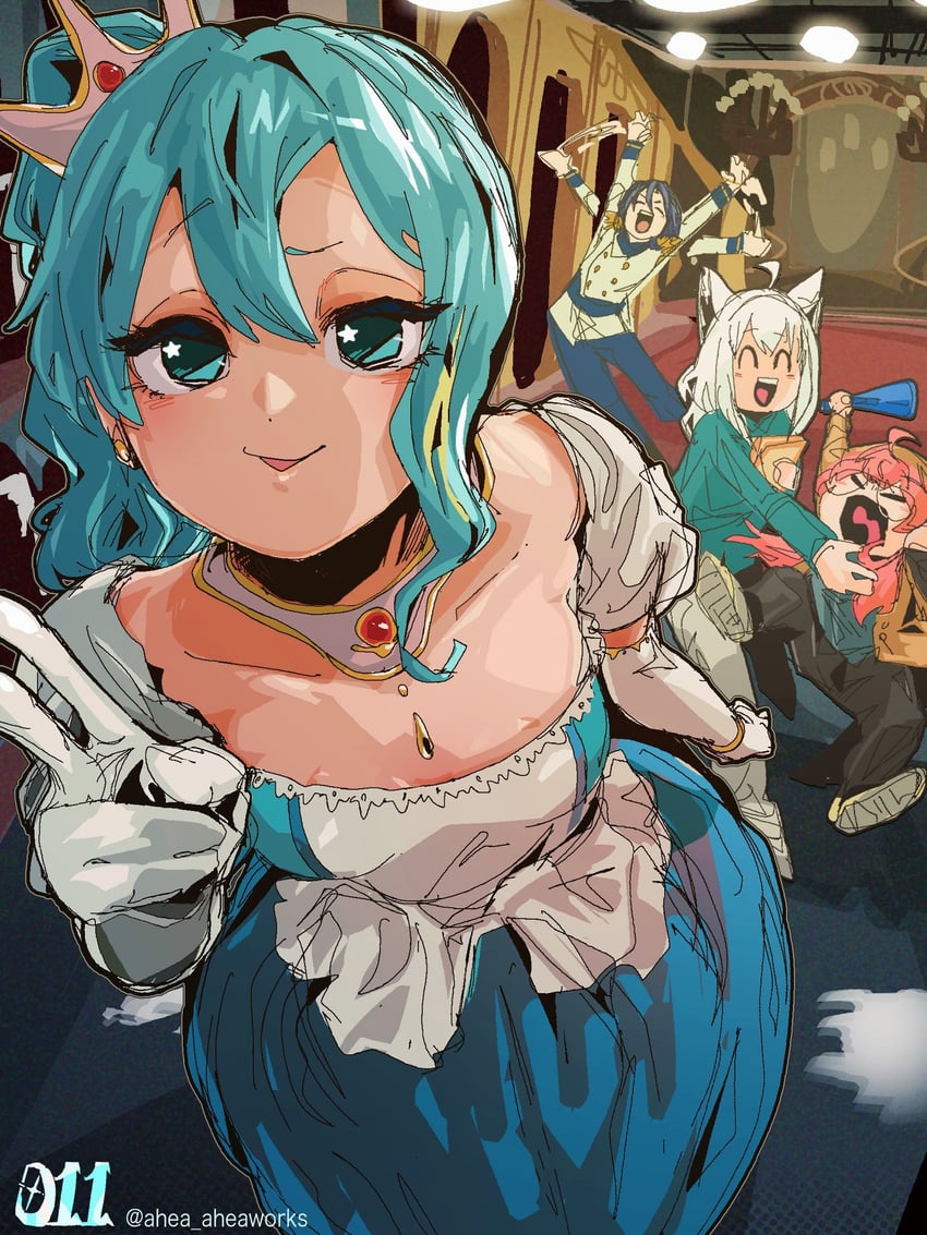 shirakami fubuki, hoshimachi suisei, sakura miko, and hiodoshi ao (hololive and 2 more) drawn by ahea_aheaworks