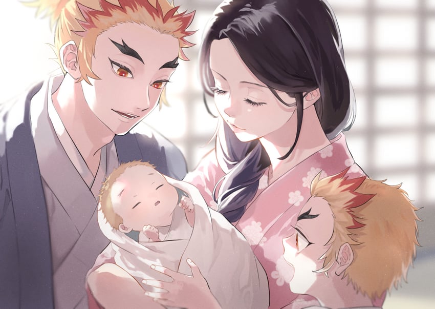 rengoku kyoujurou, rengoku senjurou, rengoku shinjurou, and rengoku ruka (kimetsu no yaiba) drawn by user_estd2855