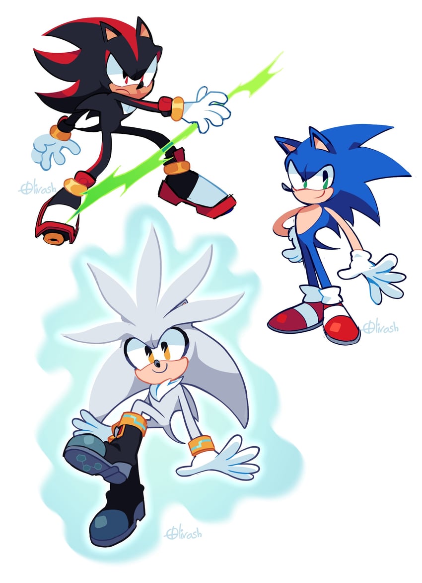 sonic the hedgehog, shadow the hedgehog, and silver the hedgehog (sonic)  drawn by olivashko