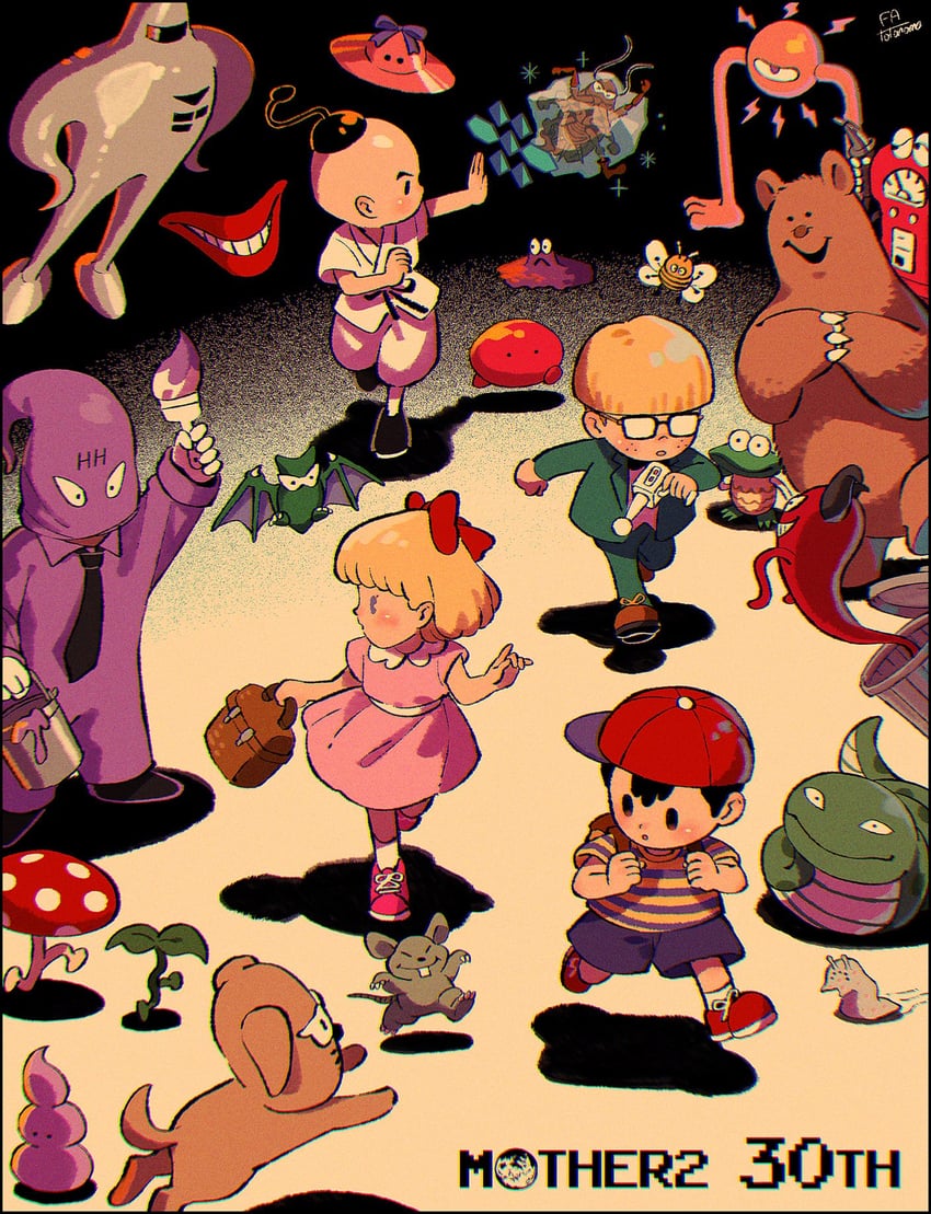 ness, paula, jeff andonuts, poo, ramblin' evil mushroom, and 3 more (mother and 1 more) drawn by kwsby_124