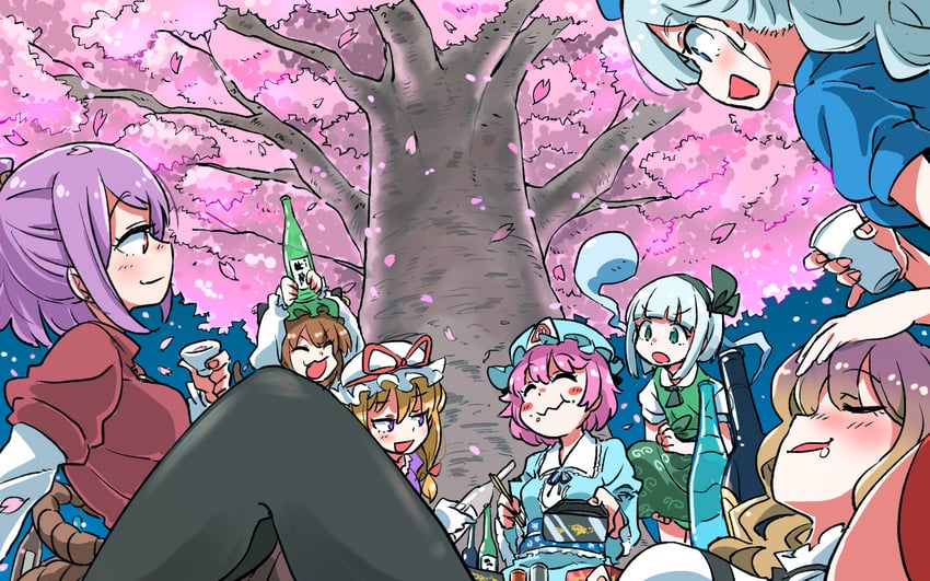 konpaku youmu, yakumo yukari, saigyouji yuyuko, chen, hijiri byakuren, and 2 more (touhou) drawn by zk_(zk_gundan)