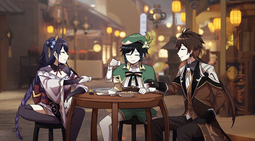 raiden shogun, zhongli, and venti (genshin impact) drawn by lix_(iroiro3843)