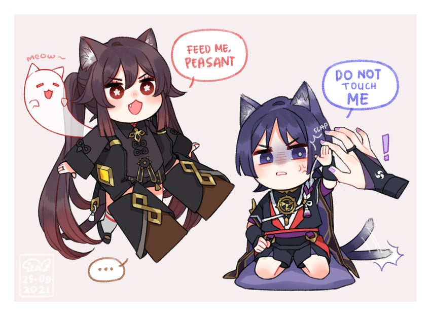 raiden shogun, scaramouche, hu tao, zhongli, and boo tao (genshin impact) drawn by sea_(azure_pastel)