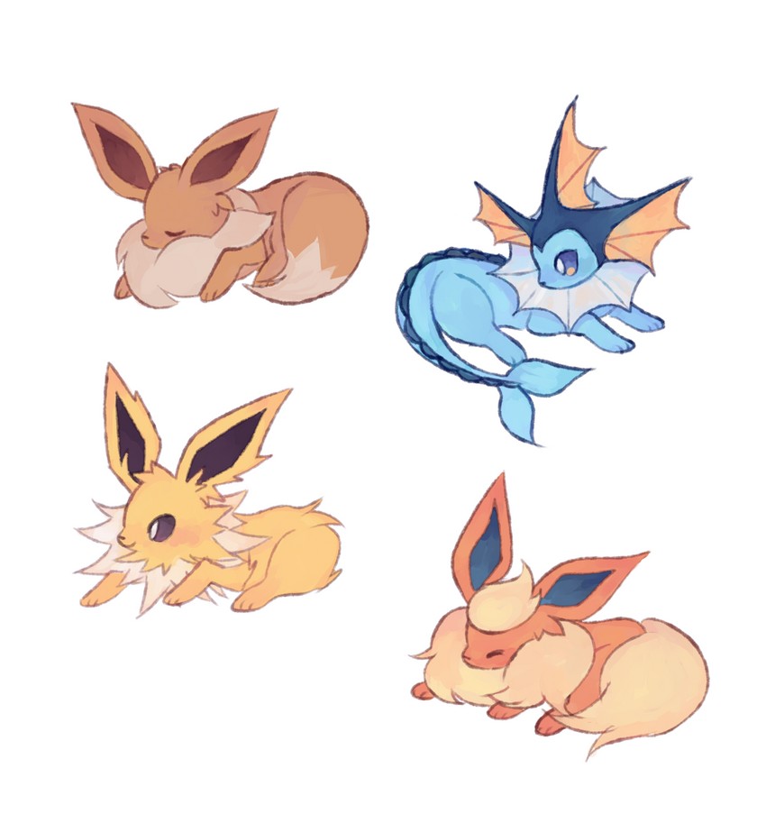 eevee, vaporeon, flareon, and jolteon (pokemon) drawn by charamells