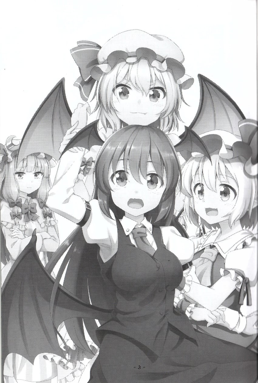 remilia scarlet, flandre scarlet, patchouli knowledge, and koakuma (touhou) drawn by nogisaka_kushio