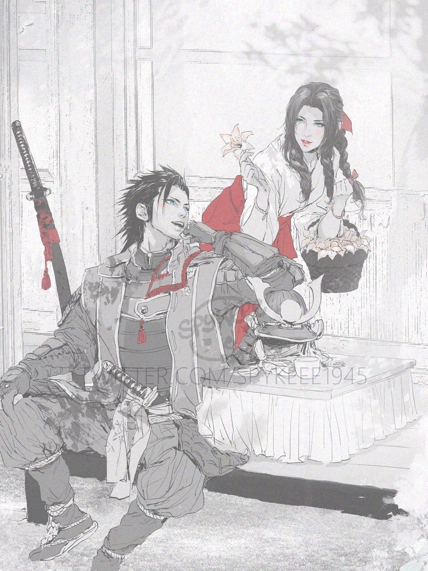 aerith gainsborough and zack fair (final fantasy and 2 more) drawn by spykeee