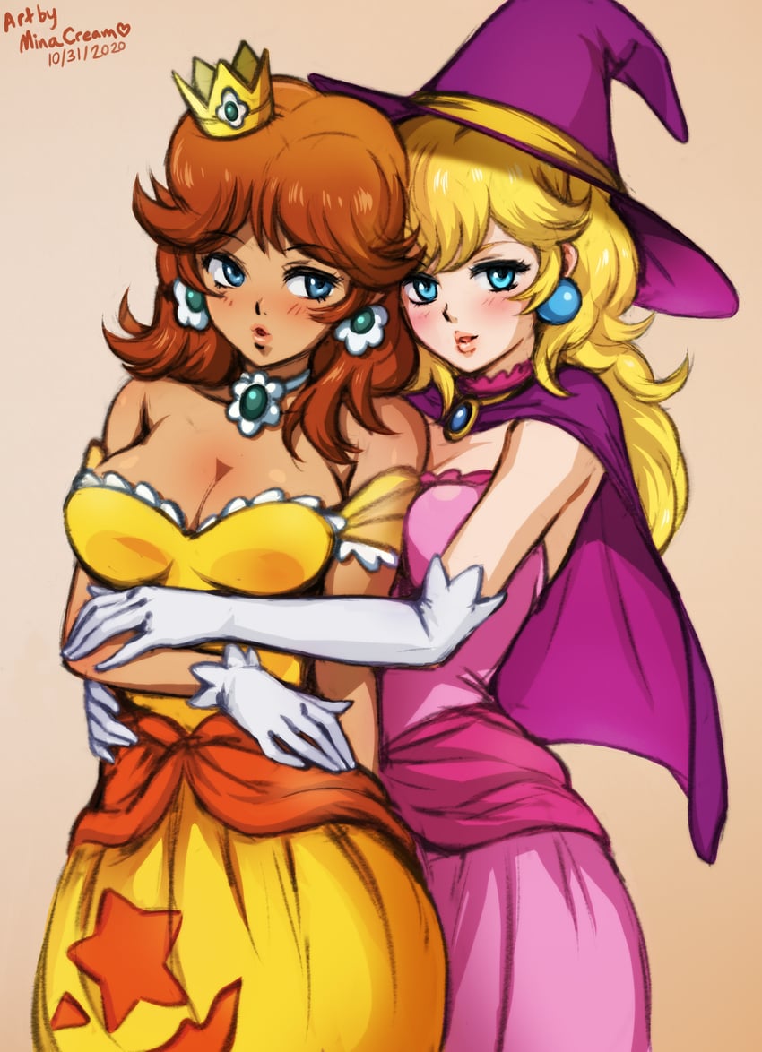 princess peach and princess daisy (mario) drawn by mina_cream