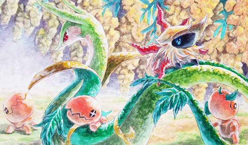 serperior, trapinch, and larvesta (pokemon) drawn by masshu_(shu_123426)