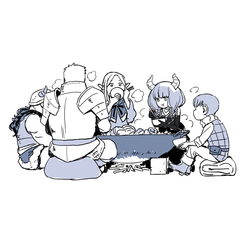 marcille donato, laios touden, senshi, chilchuck tims, and aura (sousou no frieren and 1 more) drawn by onsen_tamago_(hs_egg)