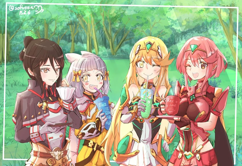 pyra, mythra, nia, and morag ladair (xenoblade chronicles and 1 more) drawn by sofusan1526