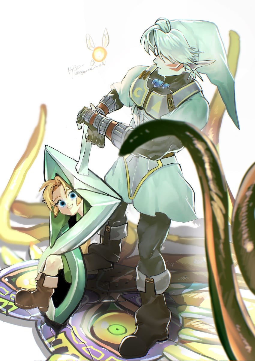 link, young link, majora, fierce deity, and tatl (the legend of zelda and 1 more) drawn by togenasi_furiko
