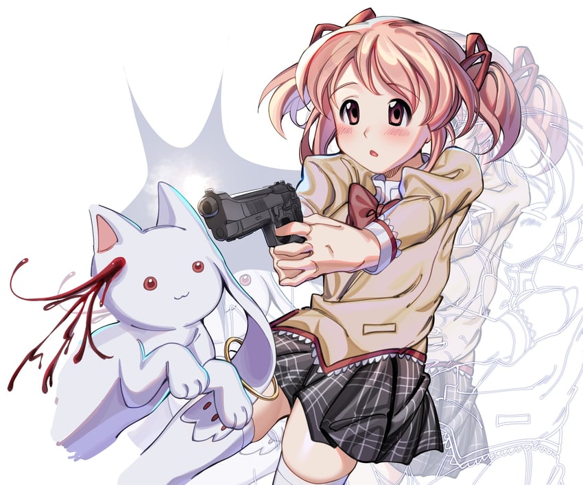 kaname madoka and kyubey (mahou shoujo madoka magica) drawn by kuro_miumu