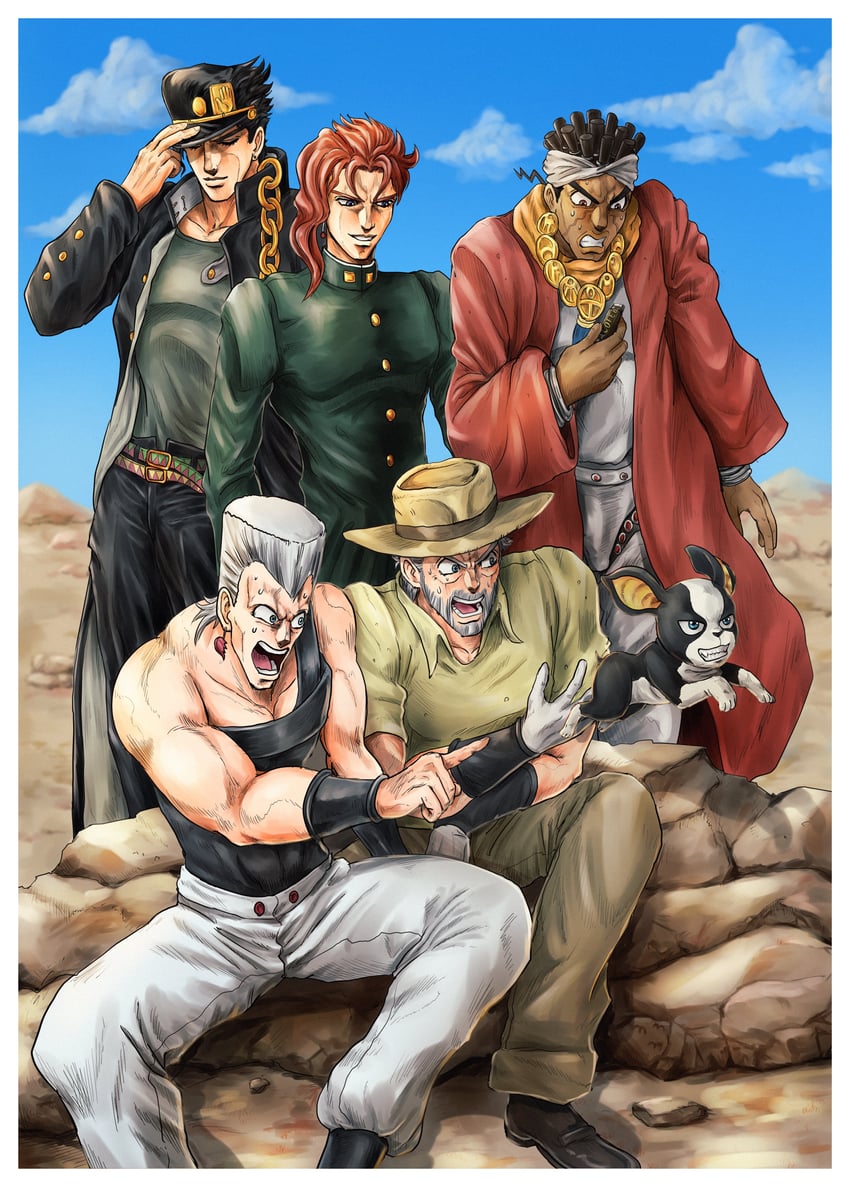 joseph joestar, kujo jotaro, kakyoin noriaki, jean pierre polnareff, mohammed avdol, and 1 more (jojo no kimyou na bouken and 1 more) drawn by kaib0y