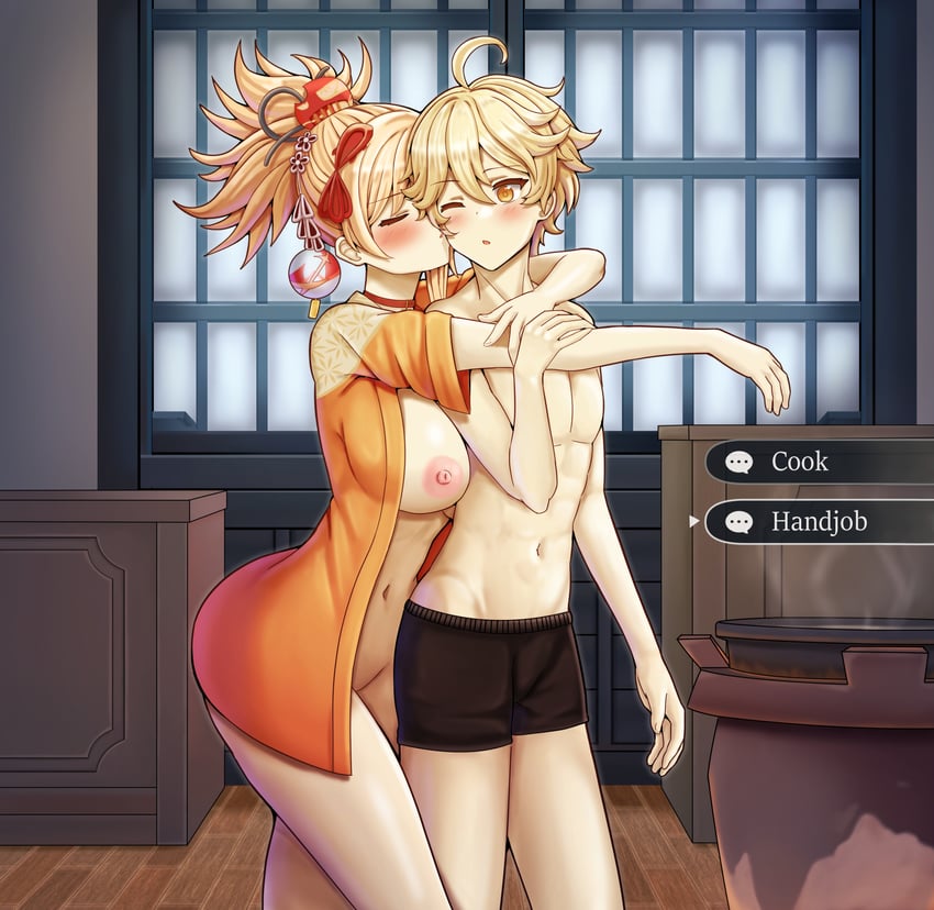 aether and yoimiya (genshin impact) drawn by saikunartworks