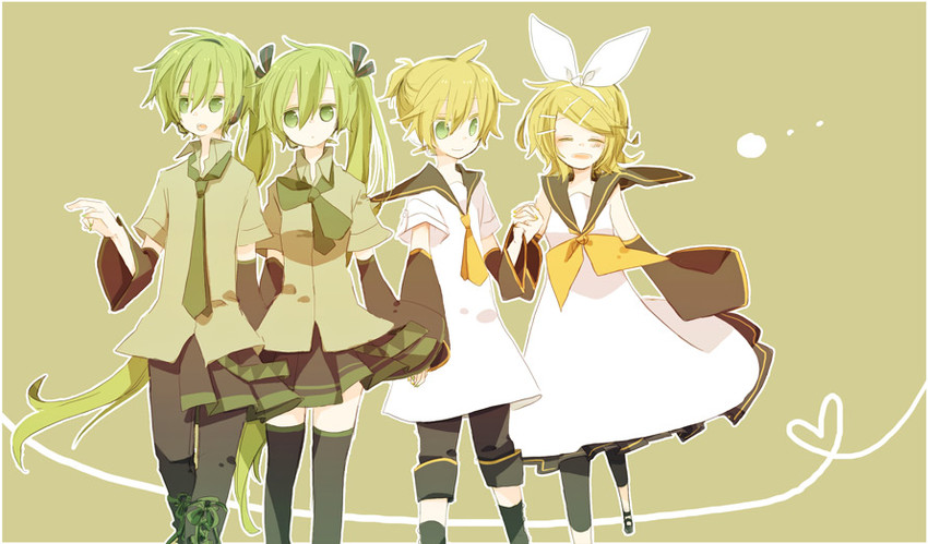 hatsune miku, kagamine rin, kagamine len, and hatsune mikuo (vocaloid) drawn by yoshiki