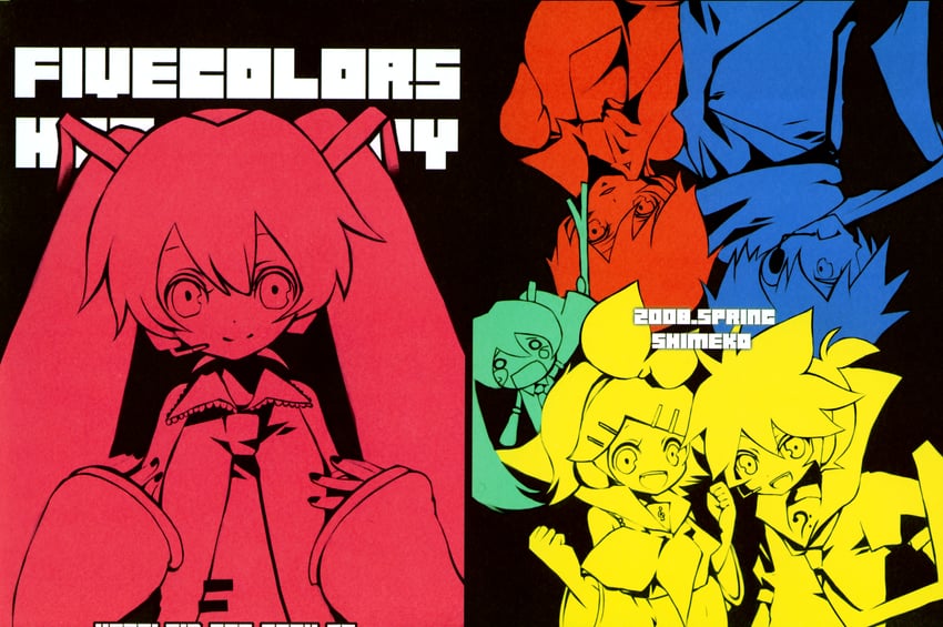 hatsune miku, kagamine rin, kagamine len, kaito, meiko, and 1 more (vocaloid) drawn by shimeko