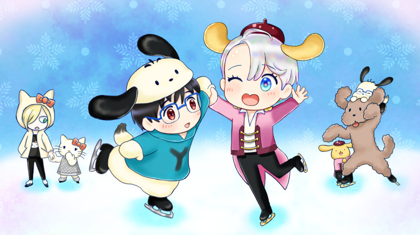 katsuki yuuri, viktor nikiforov, hello kitty, yuri plisetsky, pompompurin, and 3 more (sanrio and 2 more) drawn by ichigo_daifuku_(blumenwalzer0903)