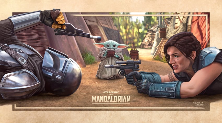 grogu, din djarin, cara dune, and gina carano (star wars and 1 more) drawn by richard_philpott