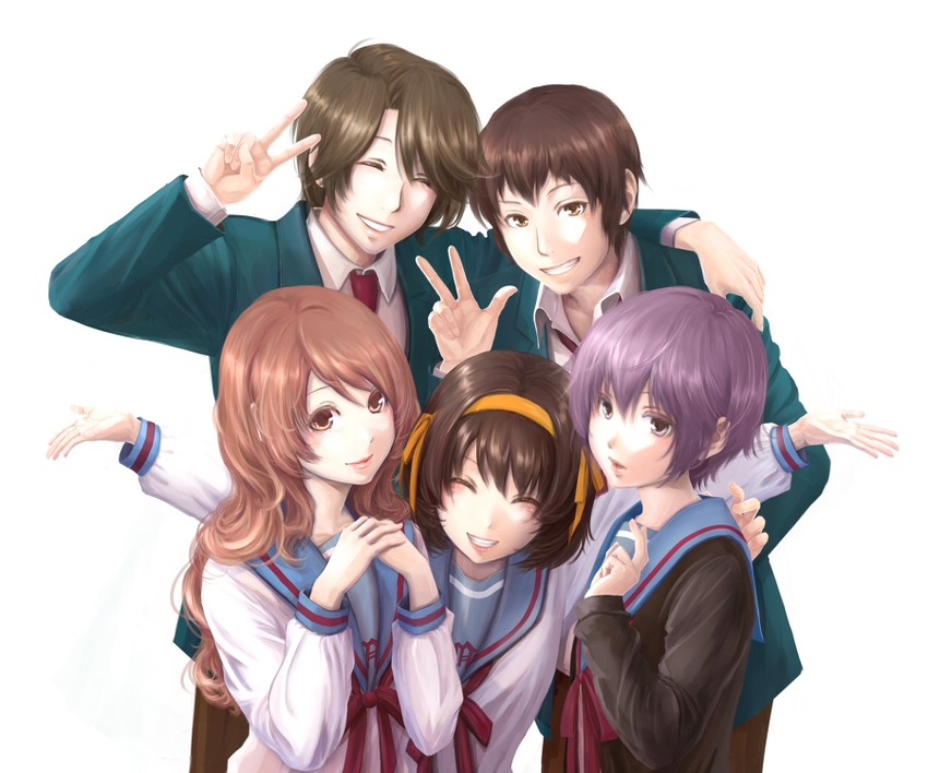 suzumiya haruhi, nagato yuki, asahina mikuru, kyon, and koizumi itsuki (suzumiya haruhi no yuuutsu) drawn by kaja