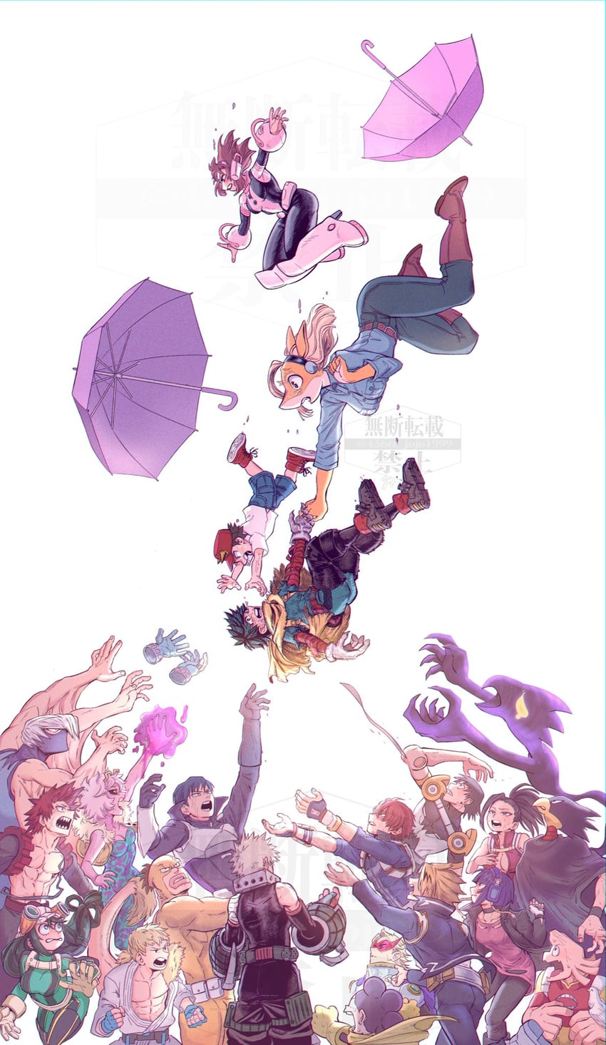 midoriya izuku, bakugou katsuki, uraraka ochaco, todoroki shoto, asui tsuyu, and 18 more (boku no hero academia) drawn by aoba_rena_(kuro_mameo)