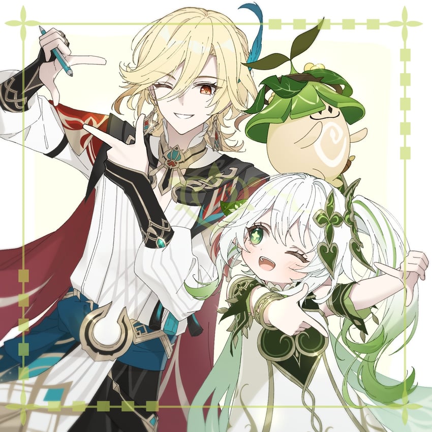 nahida, kaveh, and aranara (genshin impact) drawn by neneko_sleep