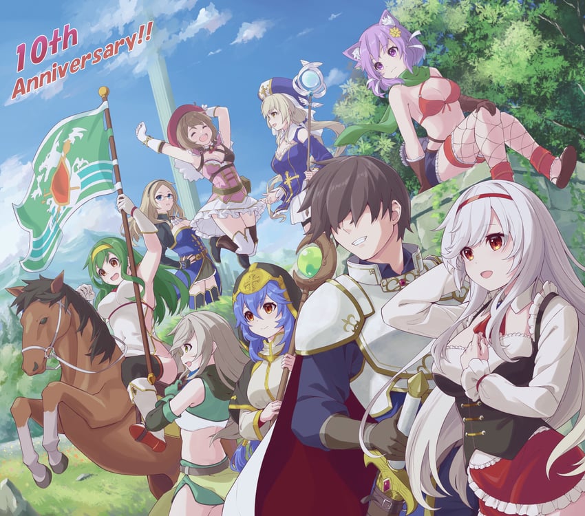 anna, prince, katie, soma, carrie, and 4 more (sennen sensou aigis) drawn by yamasan_subac