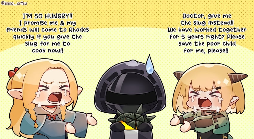 doctor, marcille donato, originium slug, and vanilla (arknights and 1 more) drawn by imma_artsu
