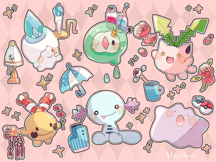 litwick, ditto, wooper, hoppip, solosis, and 1 more (pokemon) drawn by hanabusaoekaki