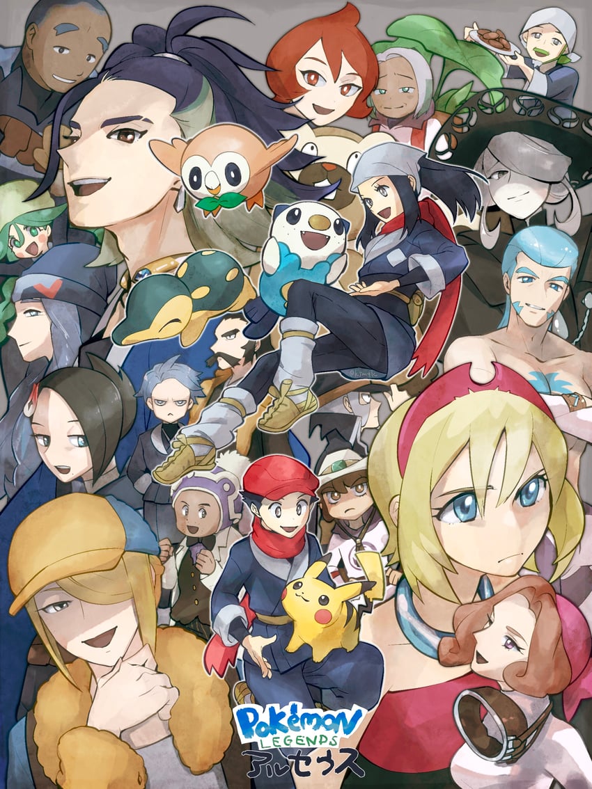 pikachu, akari, rowlet, irida, oshawott, and 20 more (pokemon and 1 more) drawn by matsuko_(kj_punch)