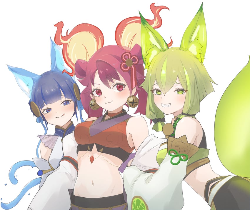 hu-li the jewel mikanko, ni-ni the mirror mikanko, and ha-re the sword mikanko (yu-gi-oh!) drawn by yasananasay