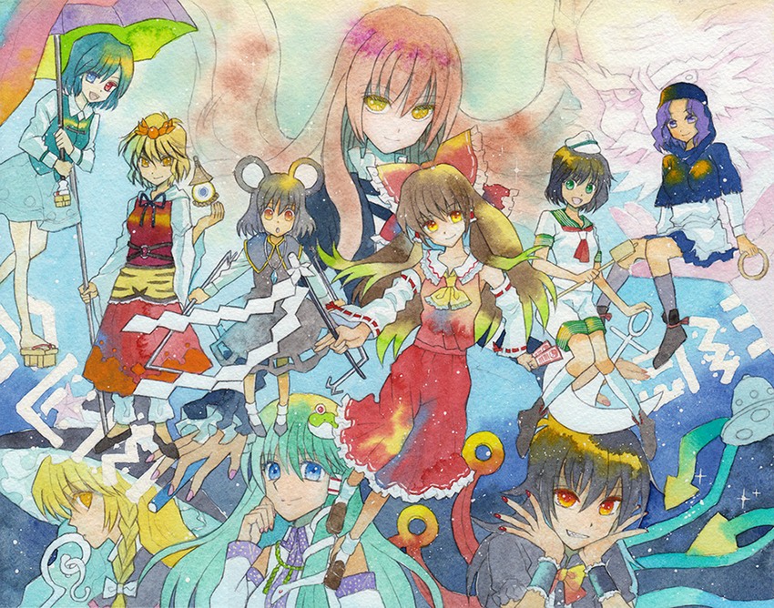 hakurei reimu, kirisame marisa, kochiya sanae, tatara kogasa, nazrin, and 6 more (touhou and 1 more) drawn by amano_miyabi