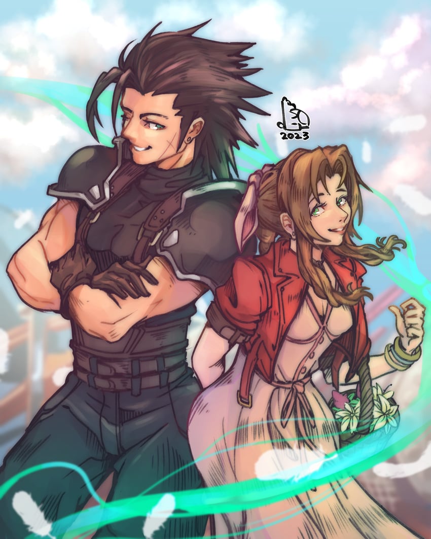 aerith gainsborough and zack fair (final fantasy and 3 more) drawn by piccolourme