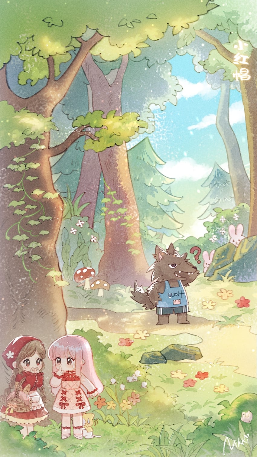 little red riding hood, nikki, momo, big bad wolf, and bloom poetry (nikki and 2 more)