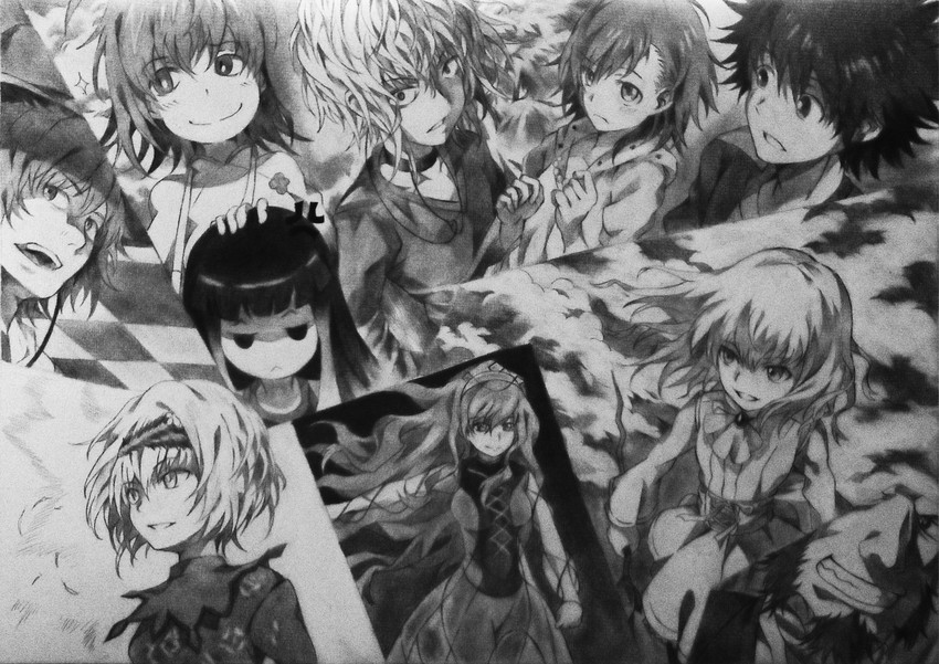 kamijou touma, accelerator, misaka worst, hamazura shiage, kuroyoru umidori, and 4 more (toaru majutsu no index and 1 more) drawn by neko_(yanshoujie)