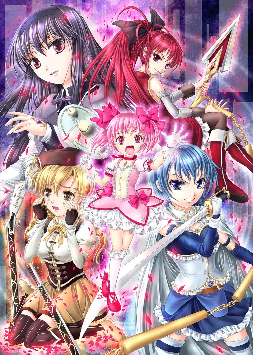 akemi homura, kaname madoka, miki sayaka, sakura kyoko, and tomoe mami (mahou shoujo madoka magica) drawn by yuki_shuuka